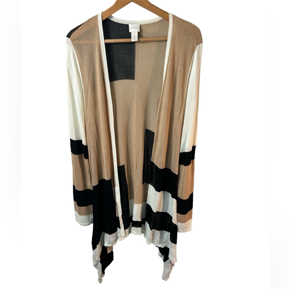 Chico’s long open cardigan sz 2. Neutral colors, light perfect for warm days.